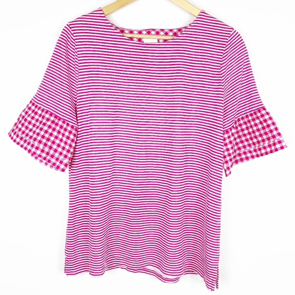 Chico's Pink & White Striped Top & Gingham Sleeves